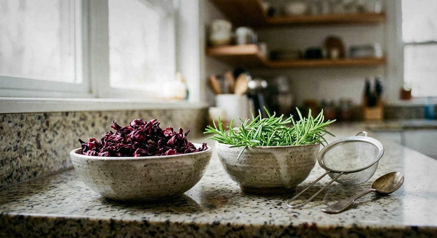 Dried hibiscus petals and fresh rosemary sprigs arranged on dark surface for botanical mocktail preparation