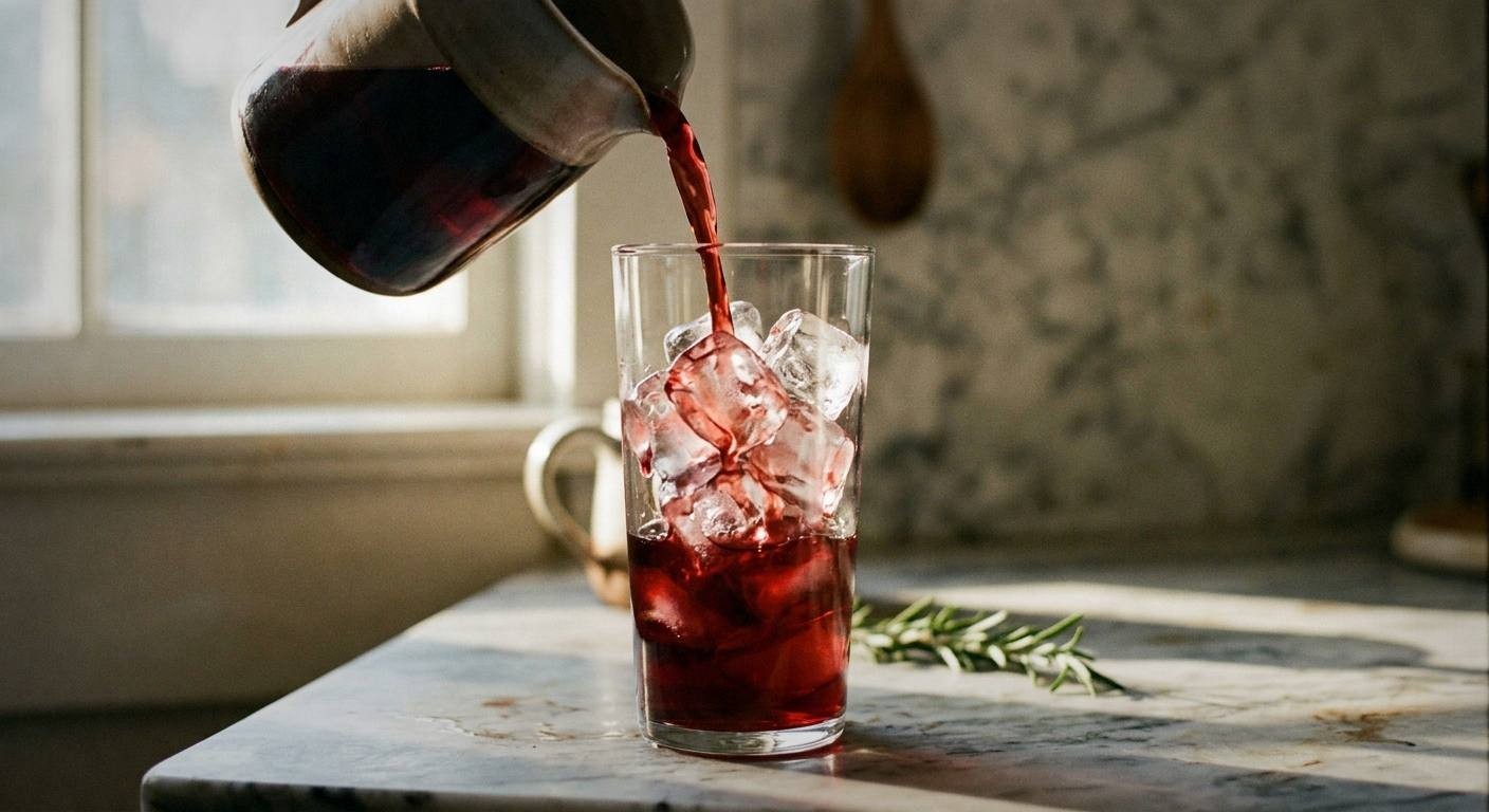 Deep ruby hibiscus rosemary syrup being poured into sparkling water with ice
