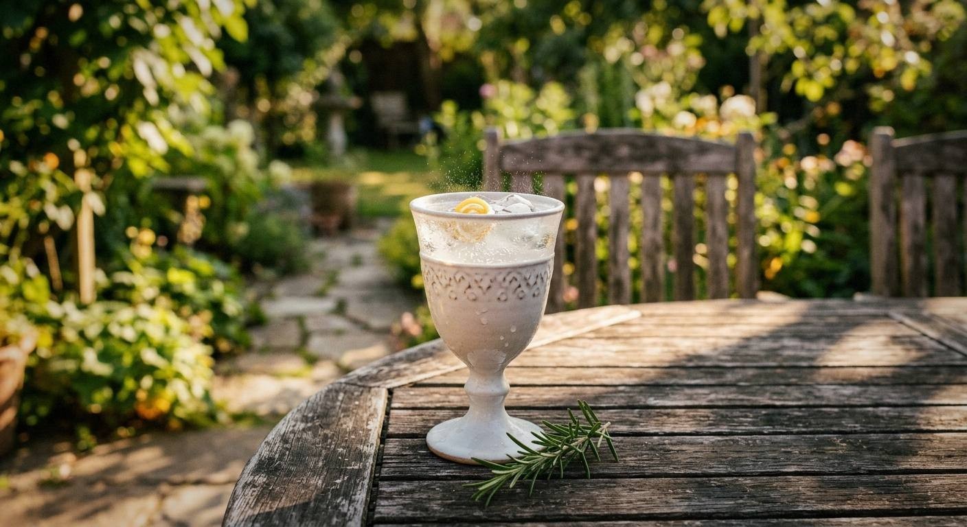 Hibiscus rosemary sparkler mocktail in glass garnished with rosemary sprig and lemon wheel