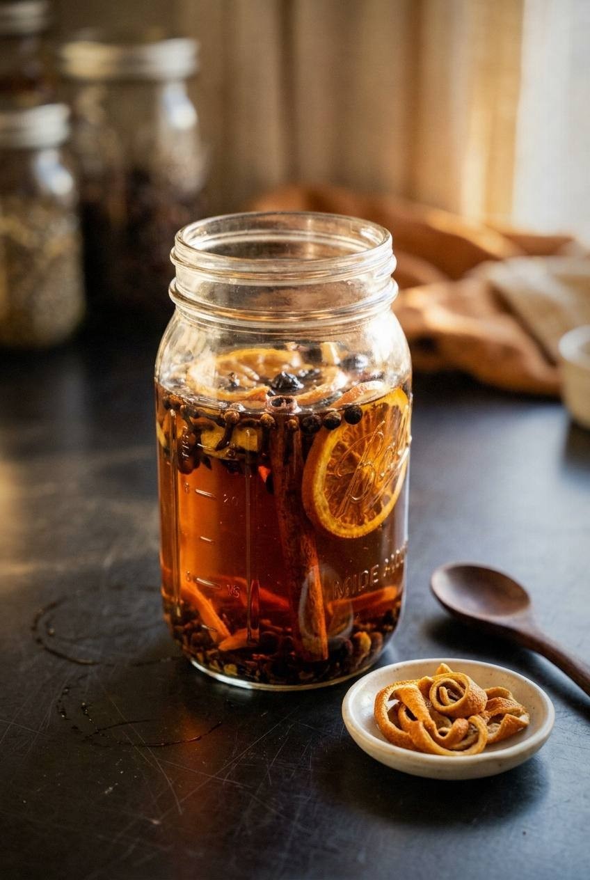 Assorted dried herbs, spices, and botanicals arranged on a wooden surface for making homemade bitters