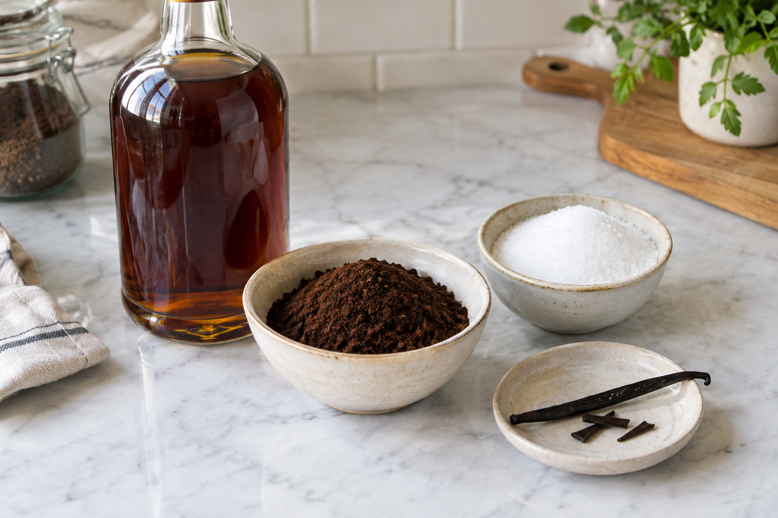 measured ingredients for coffee liqueur including dark rum, ground coffee, vanilla bean, and white sugar