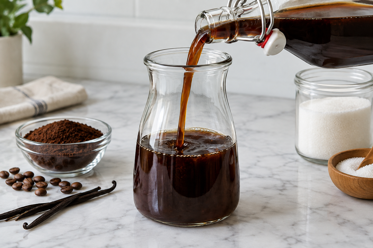 pouring coffee-infused rum through a strainer into a glass jug