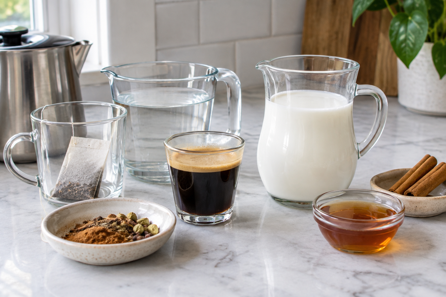 chai tea bag, chai spice, espresso shot, milk, and maple syrup measured out on a counter