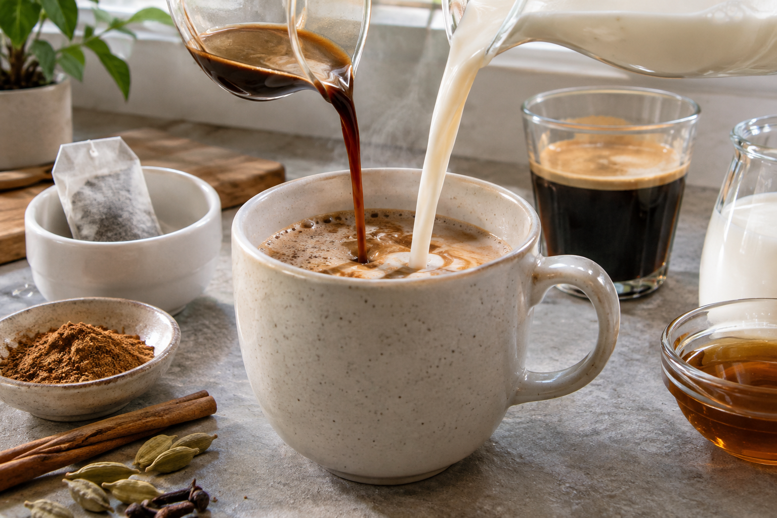 frothed milk being poured into a mug of chai and espresso