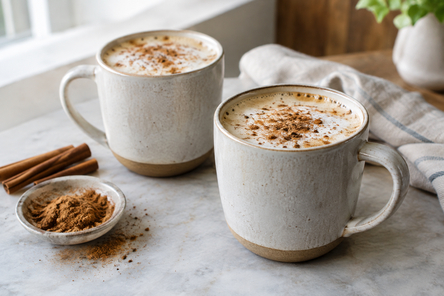 two dirty chai lattes in mugs with star anise garnish on a table