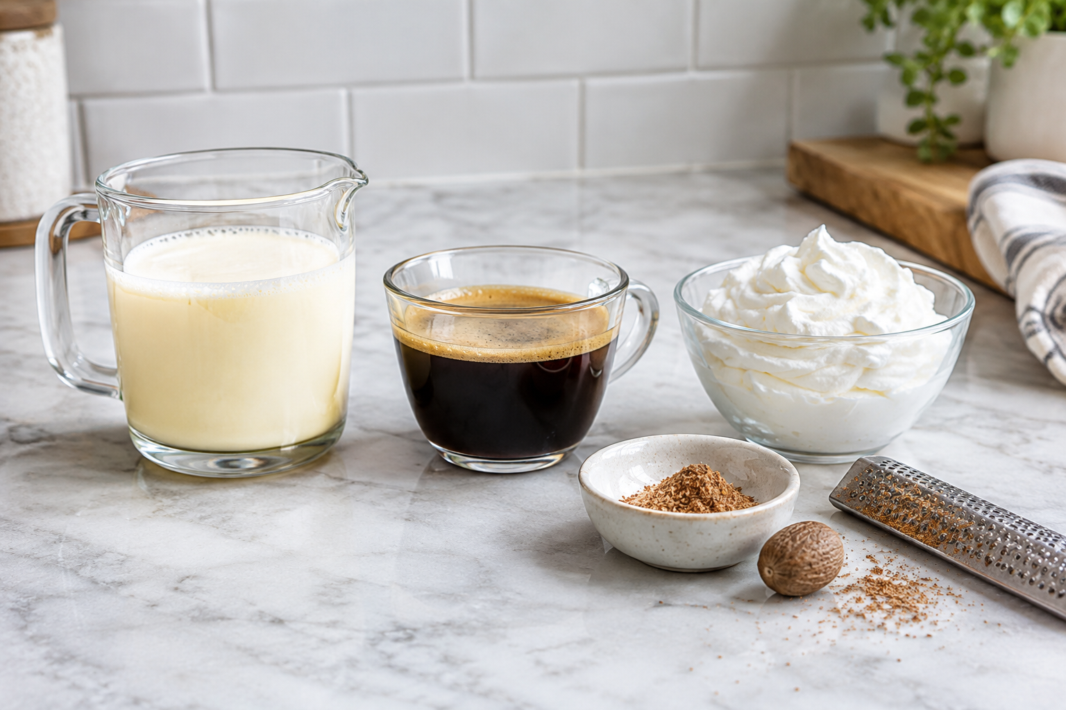 ingredients for eggnog latte including carton of eggnog, espresso in a small pitcher, whipped cream, and whole nutmeg