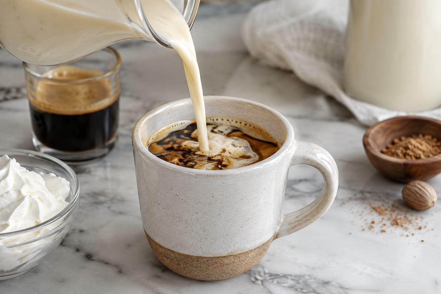 steamed eggnog being poured into a mug of espresso