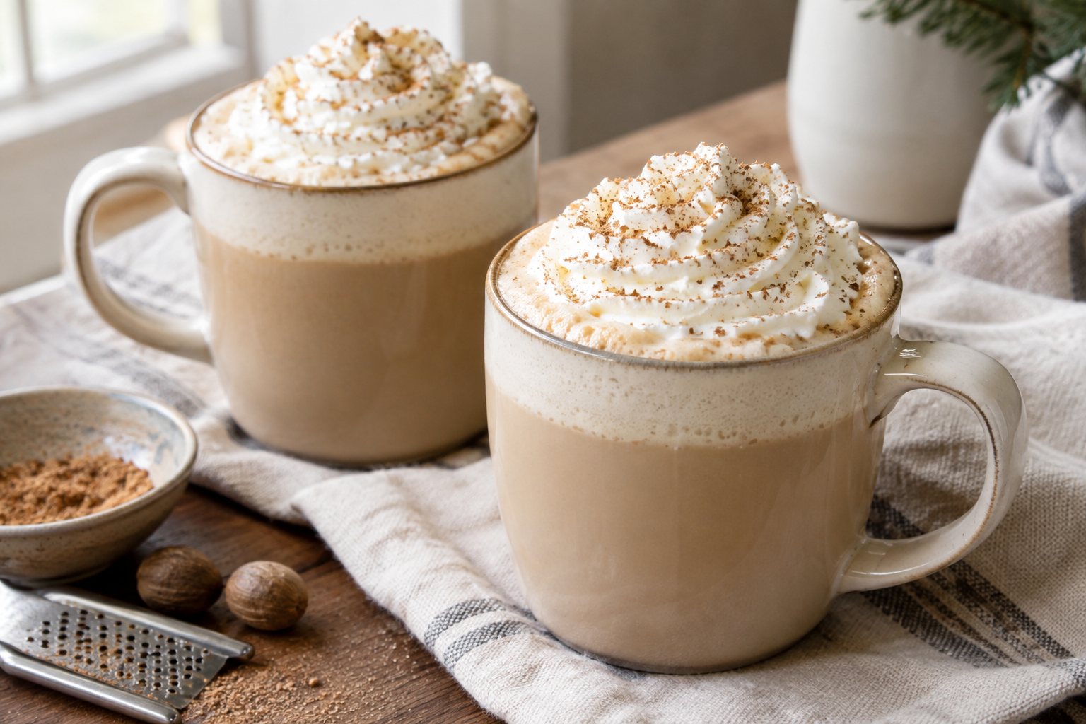 two eggnog lattes in mugs on a table, each topped with whipped cream and nutmeg