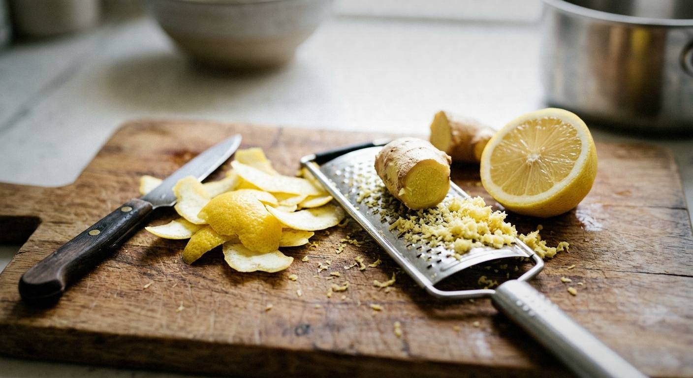 A glass jar of active ginger bug with visible bubbles forming on the surface, grated fresh ginger and sugar beside it on a bright kitchen counter