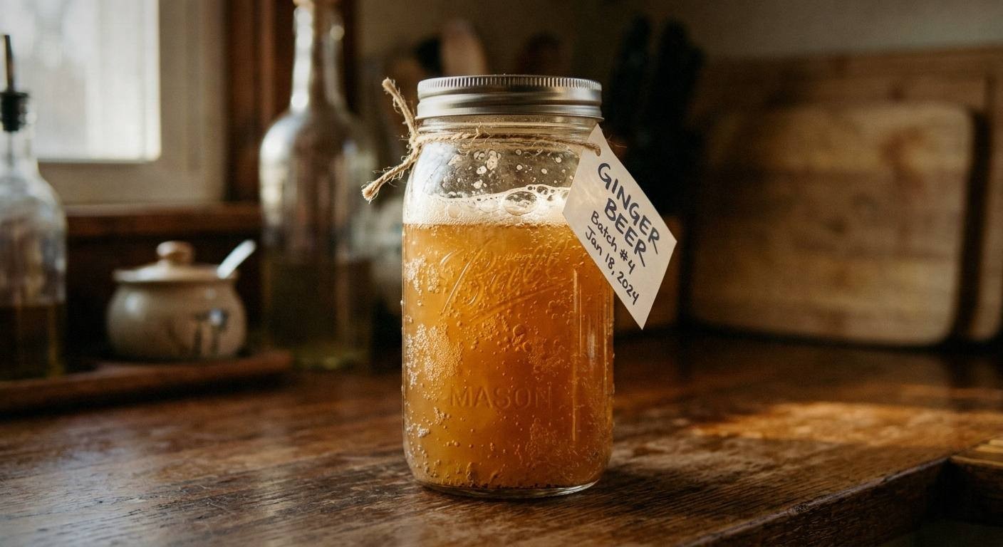 Homemade ginger beer in a flip-top glass bottle with visible carbonation bubbles, fresh ginger root and lemons on a bright surface