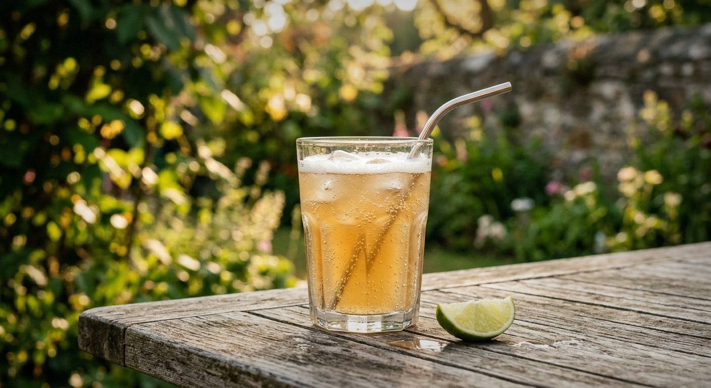 A tall glass of homemade ginger beer over ice with a lime wedge, showing natural cloudy pale golden color and active carbonation bubbles, fresh ginger root nearby