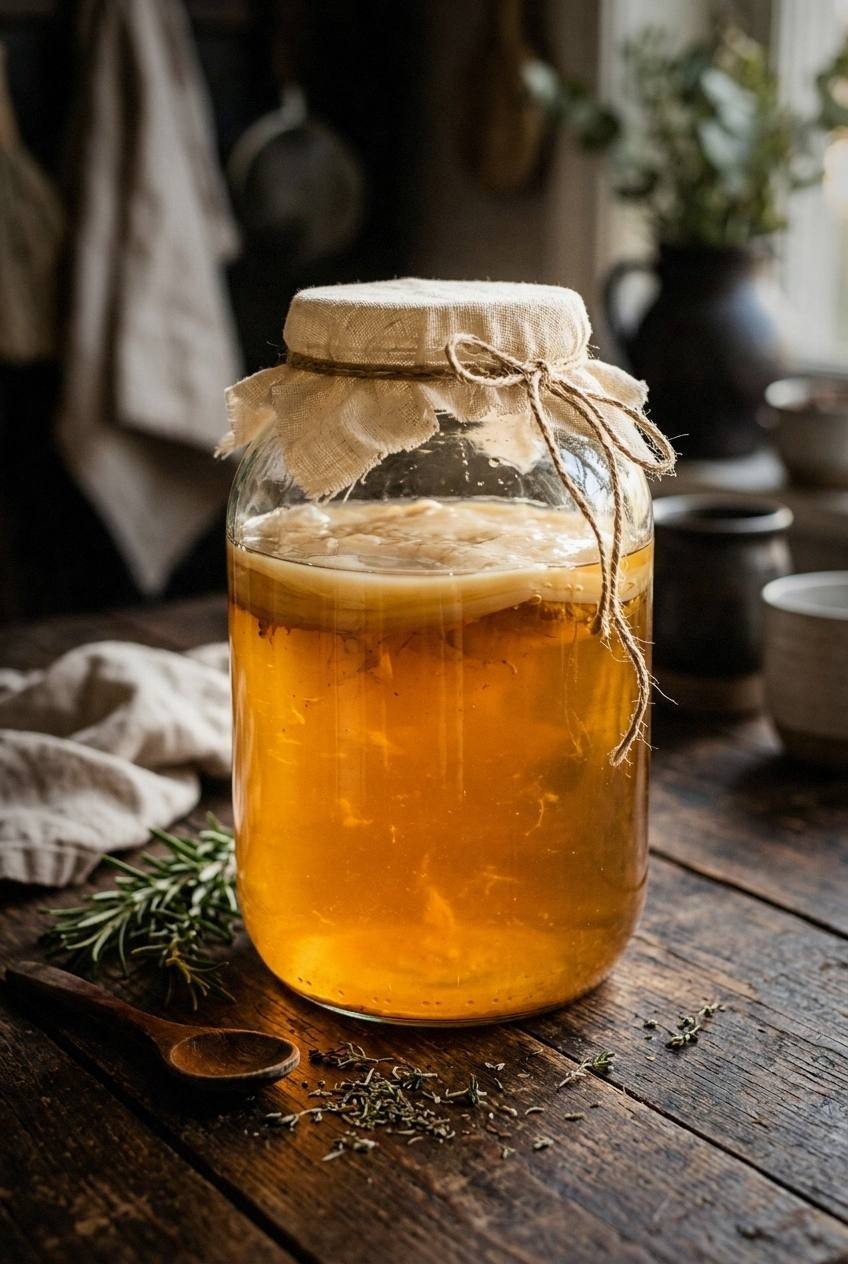 Glass gallon jar of kombucha first fermentation with golden-amber liquid and pale cream SCOBY floating on top, covered with cheesecloth