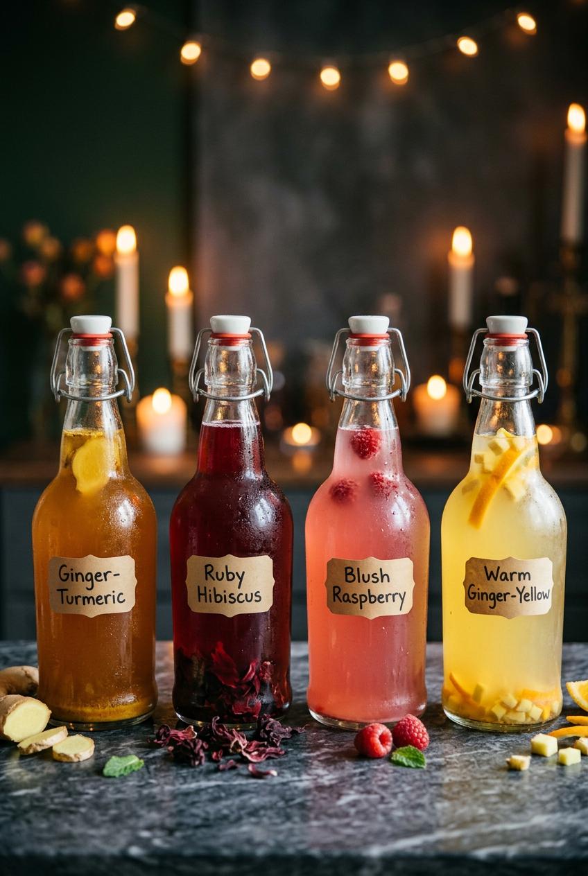 Row of swing-top bottles filled with second fermentation kombucha in jewel tones including amber, ruby hibiscus, and blush raspberry on dark marble