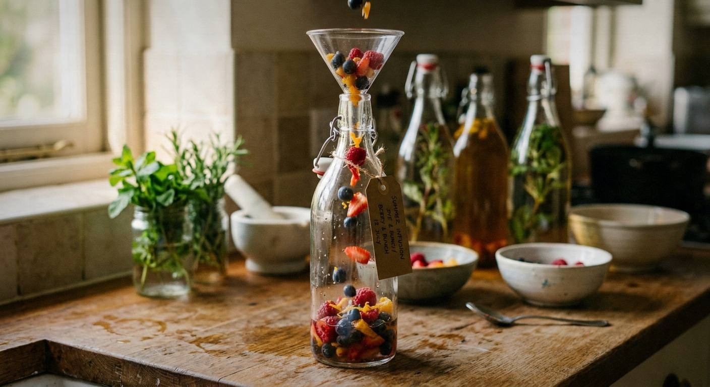 Hands pouring plain kombucha over fresh ginger slices and lemon in swing-top glass bottle for second fermentation flavoring process