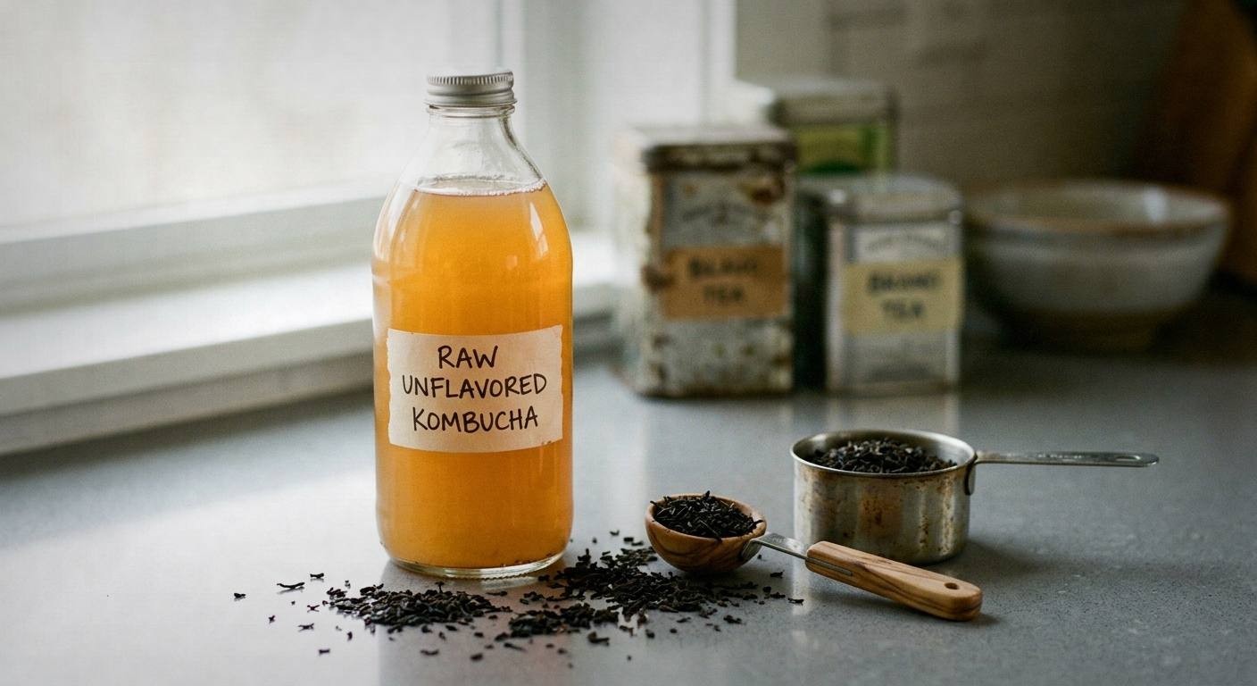 Glass jar of sweet black tea cooling on kitchen counter with bottle of store-bought kombucha starter tea and measuring cup, bright spring morning light through window