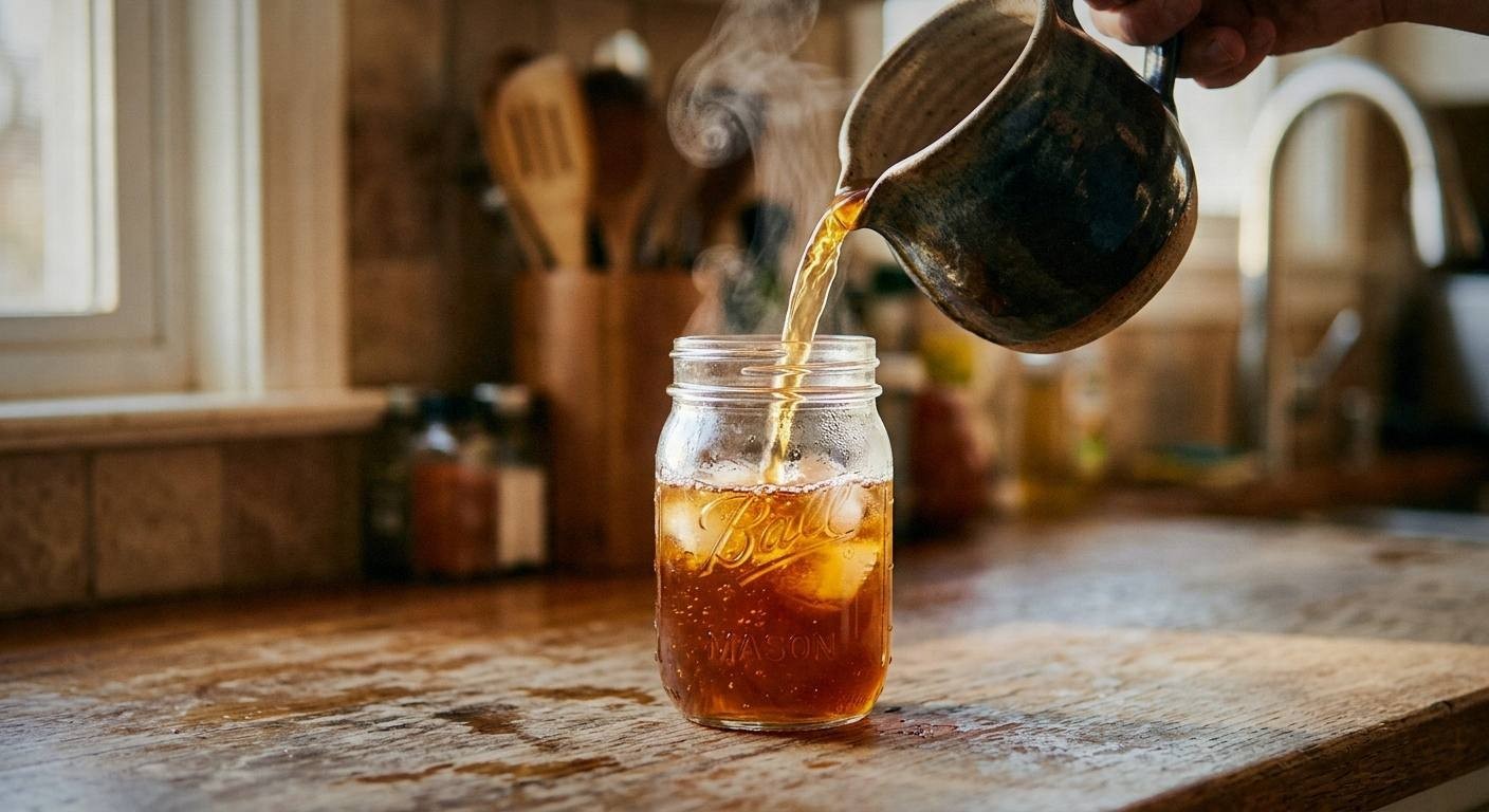 Glass jar showing thin white SCOBY forming on surface of fermenting kombucha tea after 5 days, kitchen counter with natural light and condensation on jar
