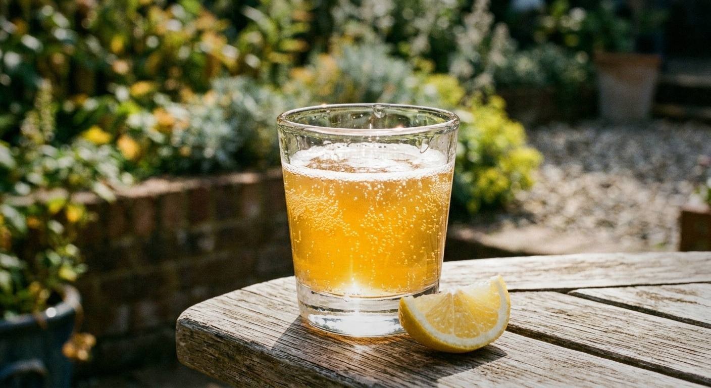 Three glass bottles of finished kombucha with fresh lemon slices and ginger root for second fermentation, spring garden table with bright natural light and fresh mint garnish