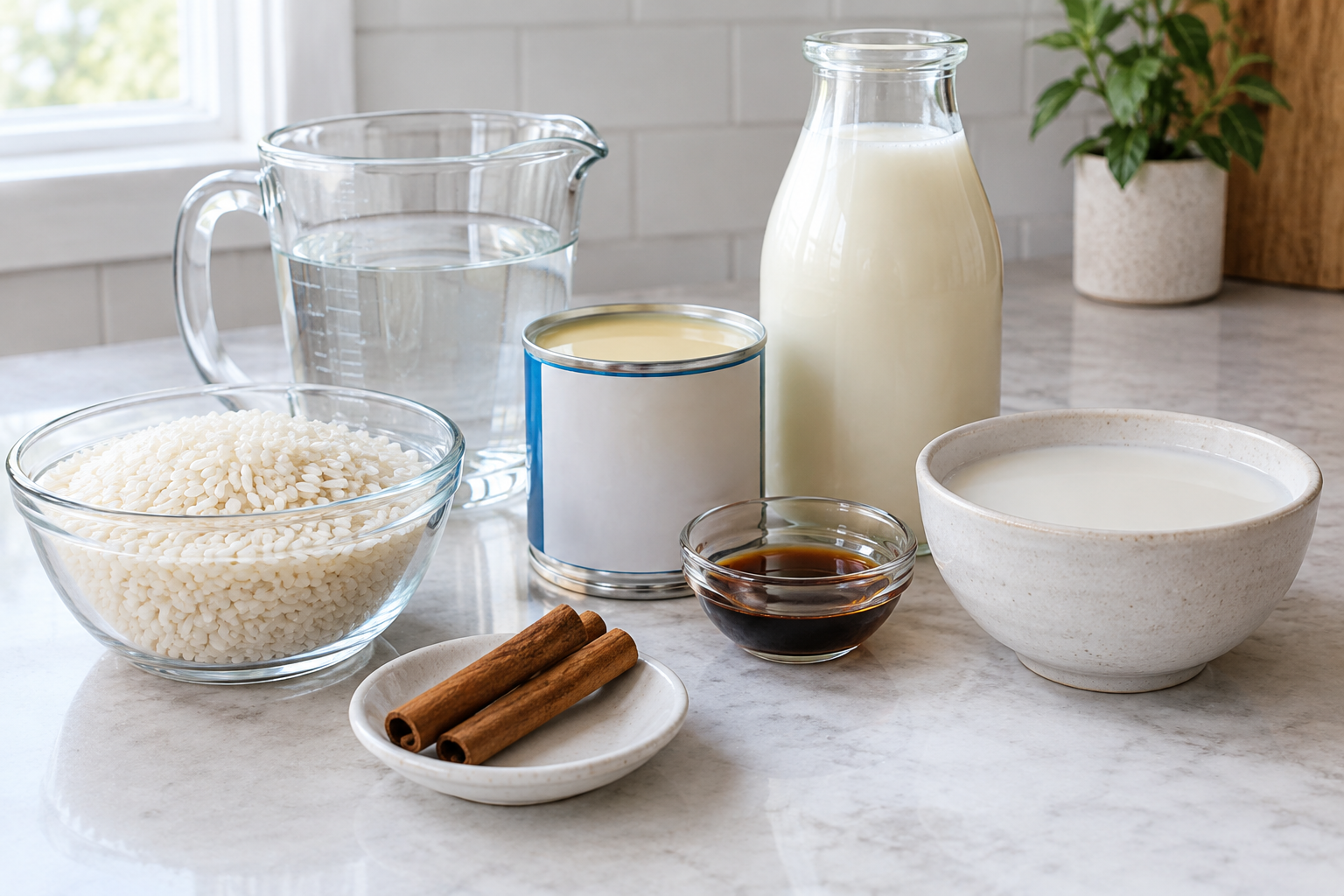 ingredients for horchata coffee laid out: white rice, cinnamon stick, sweetened condensed milk, regular milk, vanilla extract, and water