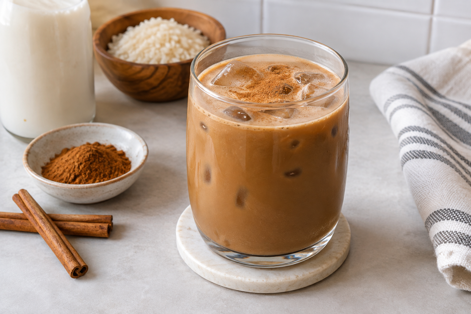 cold brew being poured over ice into a glass already containing horchata, liquid mixing as it falls