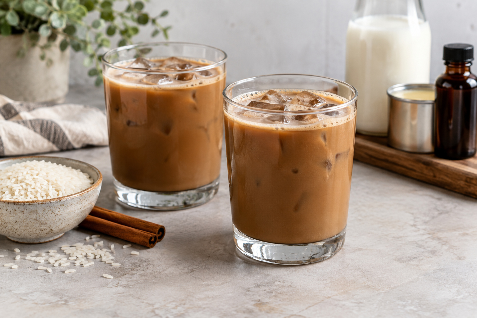 two glasses of finished horchata coffee on a table with cinnamon sticks and rice scattered as styling props