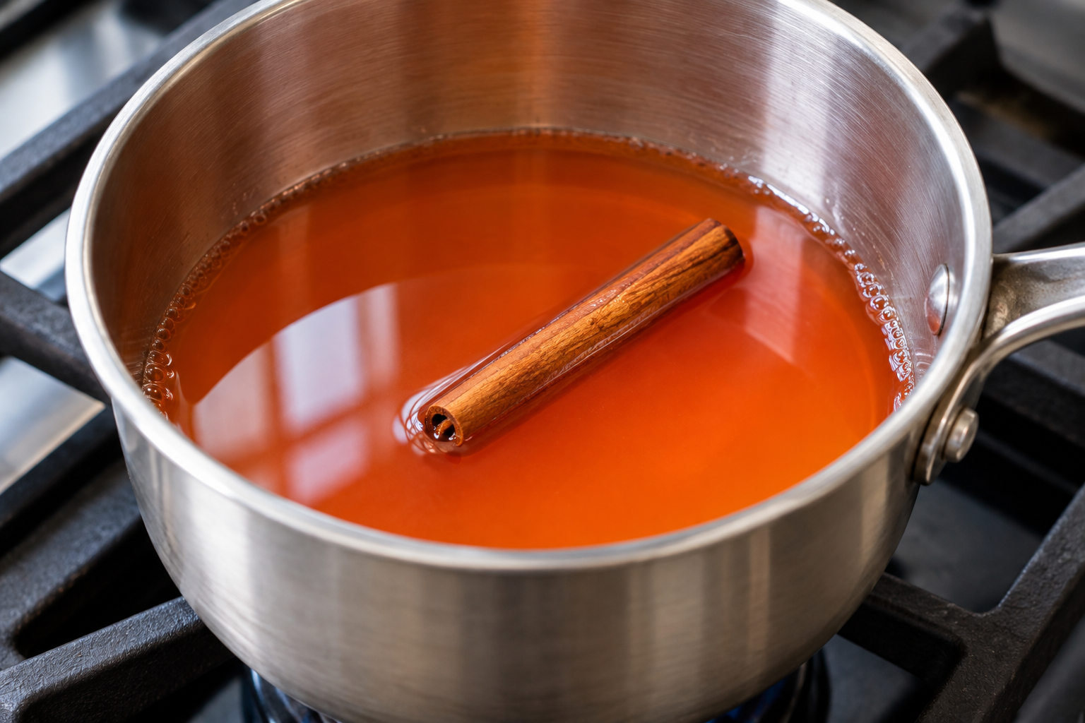 Warm cider and Aperol mixture in a saucepan with one cinnamon stick