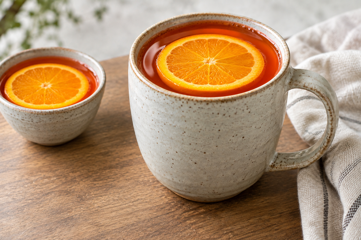 Two finished warm Aperol cocktails with orange slices in ceramic cups