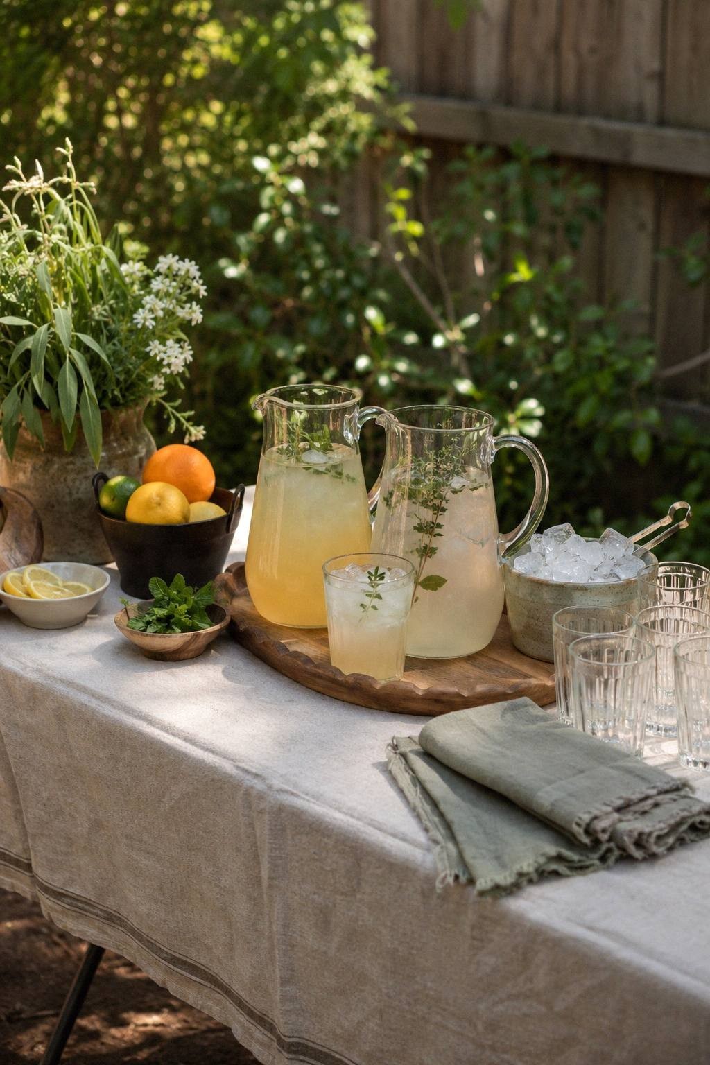 folding table turned into a backyard drink bar with linen cloth tray pitchers glasses citrus herbs labels and string lights