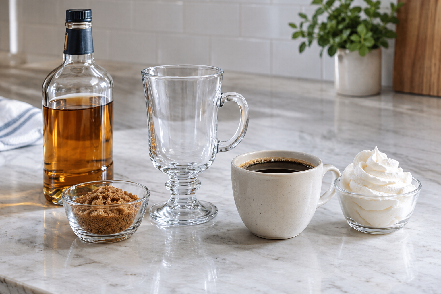 Ingredients for Irish coffee laid out on a counter: whiskey bottle, brown sugar, coffee pot, and cream