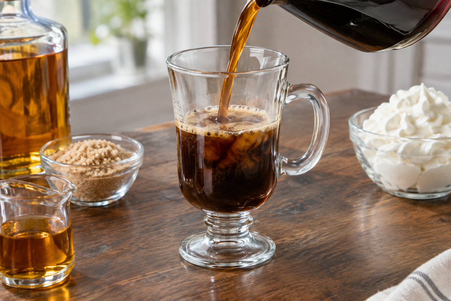 Cream being poured over the back of a spoon into a glass of hot coffee and whiskey