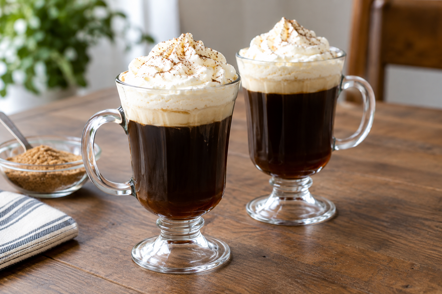 Two finished Irish coffees in glass mugs with cream layers on top, styled on a wooden table