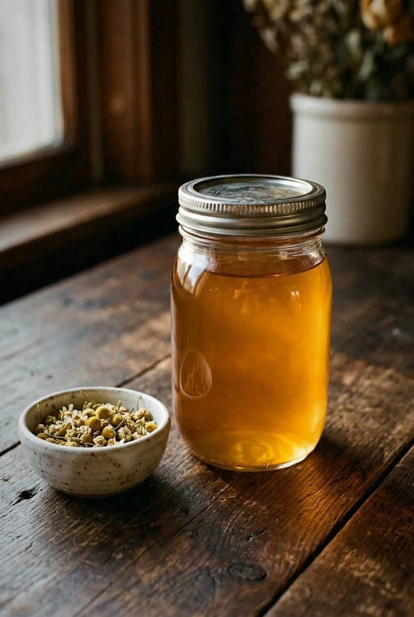Glass jars filled with dried herbs and alcohol sitting on a wooden table with fresh plant material nearby