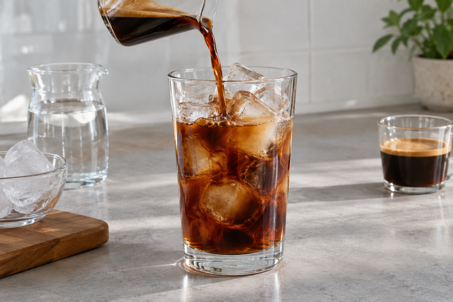 Espresso being poured over ice and cold water in a clear glass