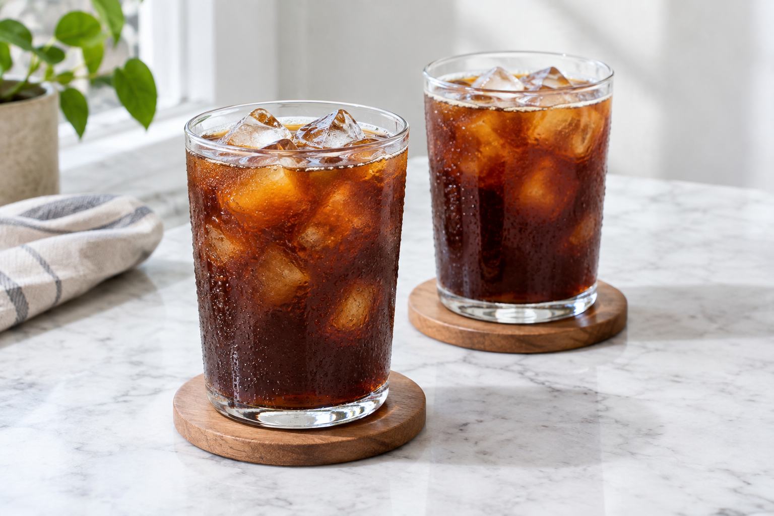 Two glasses of finished iced americano on a table with ice and espresso