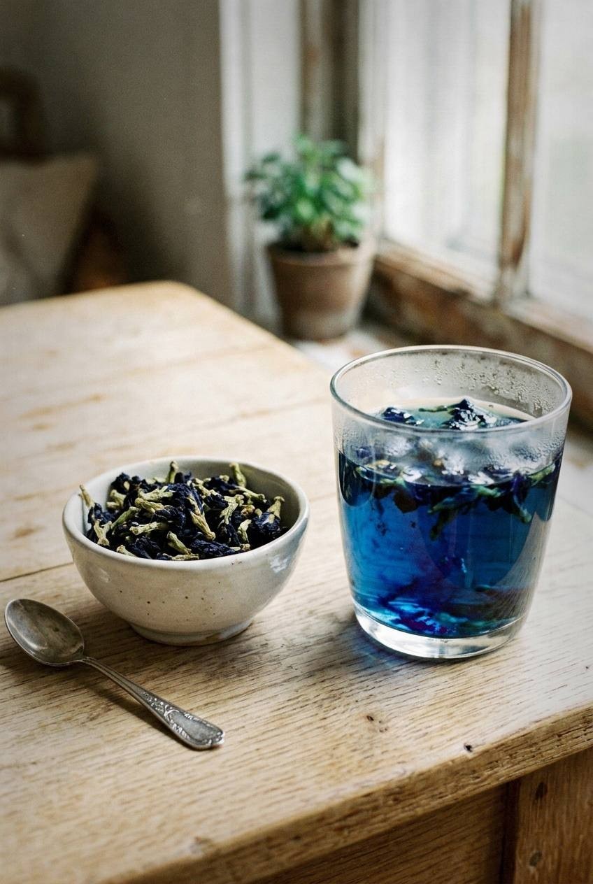 Dried butterfly pea flowers steeping in boiling water in a glass cup, the water turning deep indigo blue, with a small bowl of dried flowers on a light surface