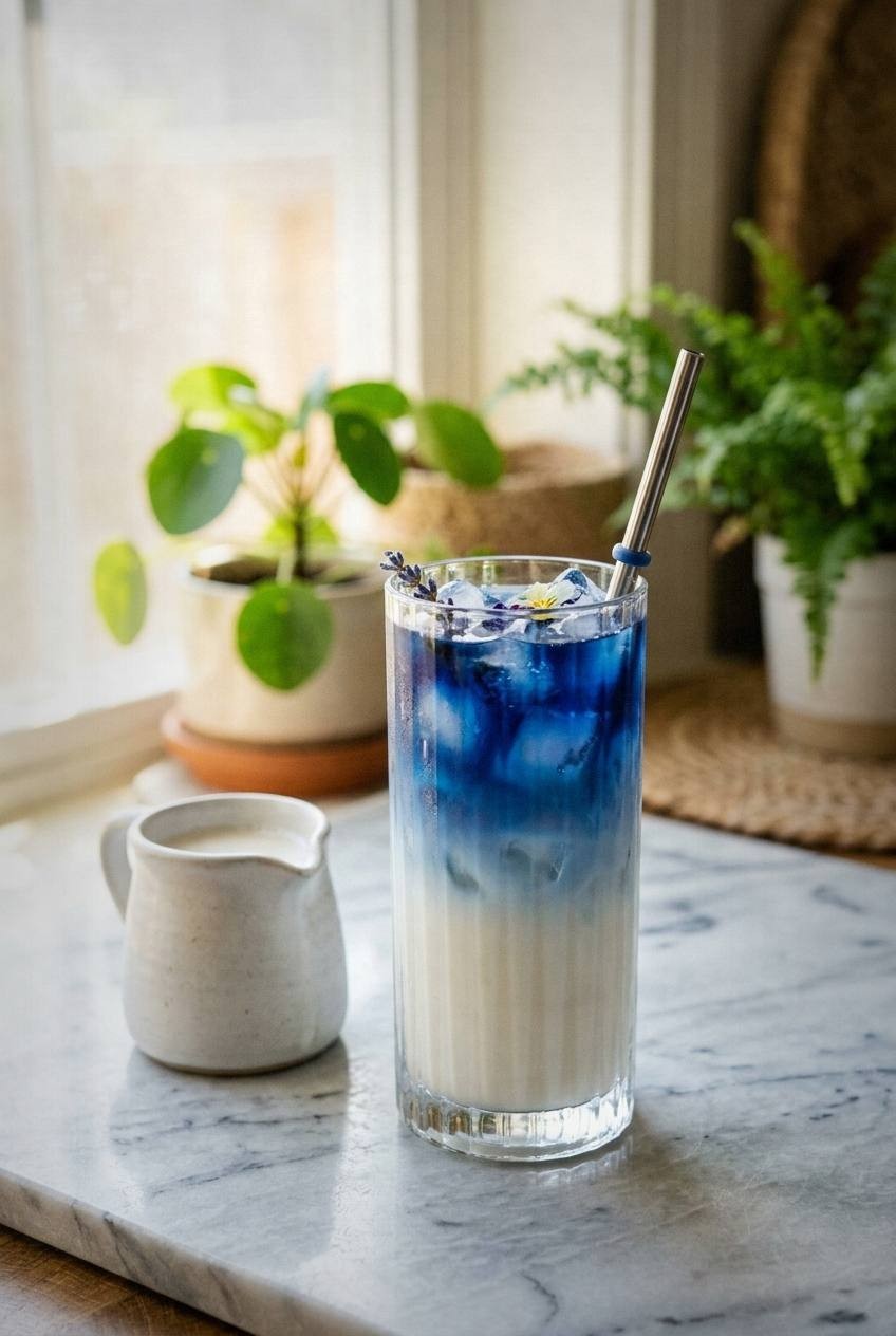 Iced butterfly pea flower latte in a tall clear glass showing blue tea layered over white oat milk with ice cubes, creating a blue-to-white ombre effect