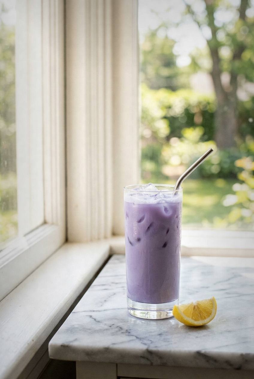 Iced butterfly pea flower latte after being stirred, showing a pale shimmering lavender color throughout the glass, lemon wedge on the rim, bright natural light