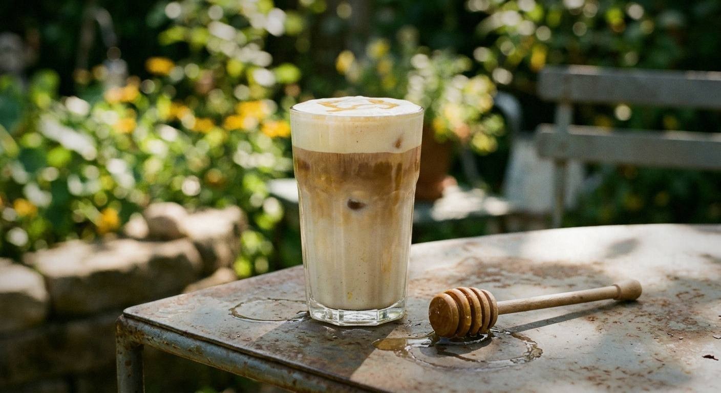 Serving illustration of an iced latte with a foamy top and a honey dipper on the table