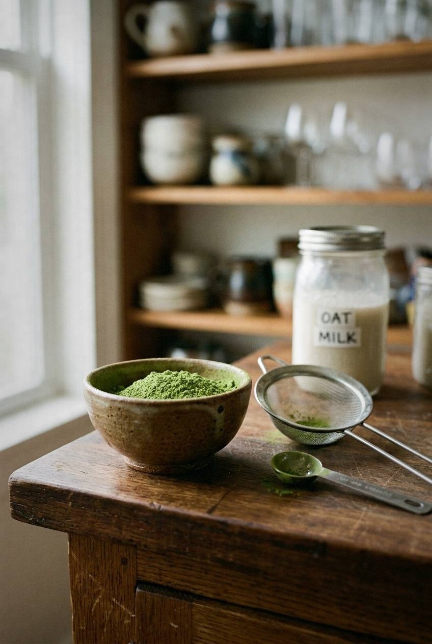 Ceremonial-grade matcha powder being sifted through a fine mesh strainer into a small ceramic bowl, vibrant jade green color against a light marble surface