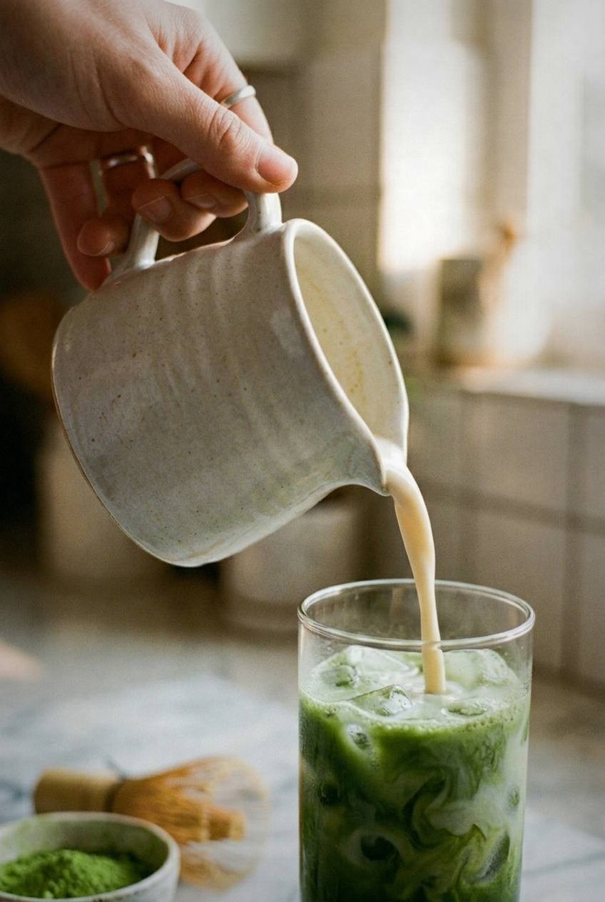 Iced matcha latte in a tall clear glass showing green matcha layered over white oat milk with large ice cubes, bamboo whisk beside the glass on a light surface