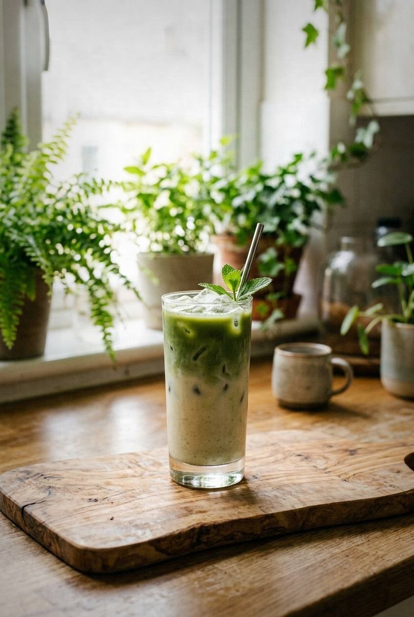 Finished iced matcha latte in a tall glass with vibrant jade green color, oat milk swirl, and ice cubes, bright natural light on a marble countertop with a small tin of matcha powder nearby