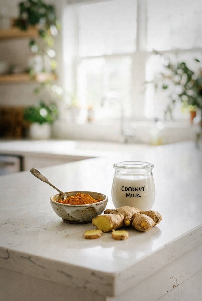 Iced turmeric latte in tall glass with golden yellow color, ice cubes, coconut milk foam on top, fresh turmeric root and ginger on marble counter