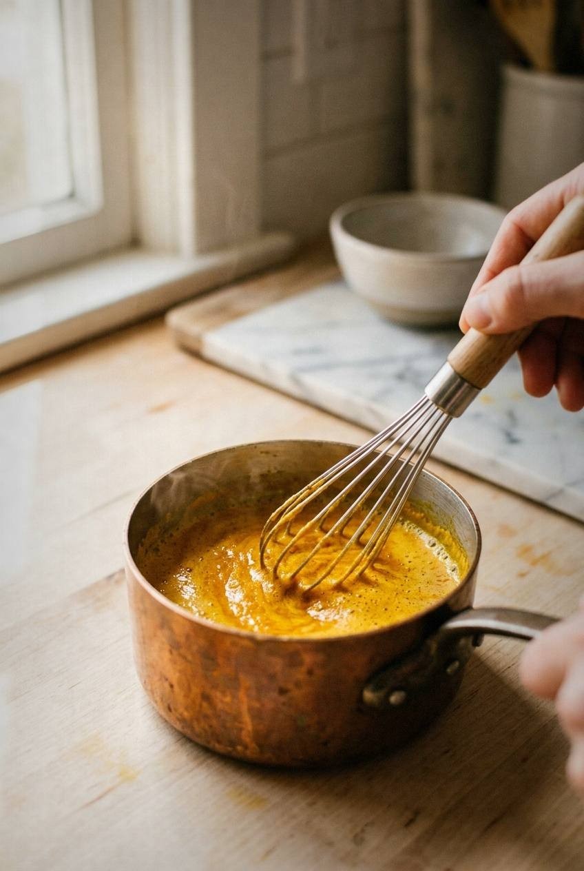 Blender with bright yellow turmeric latte mixture, coconut milk foam visible, ground turmeric and black pepper in small bowls beside blender