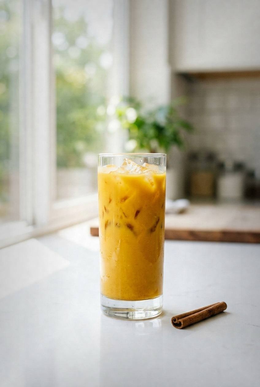 Two iced turmeric lattes in glasses with ice, golden yellow color, cinnamon sticks as garnish, fresh turmeric and ginger root scattered on white surface