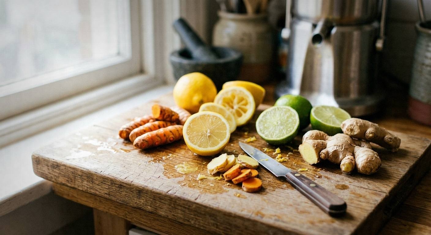 Fresh strawberries, lemon slices, basil leaves, ginger root, and raw honey arranged on white marble counter for immunity booster drink recipe with spring herbs and citrus ingredients