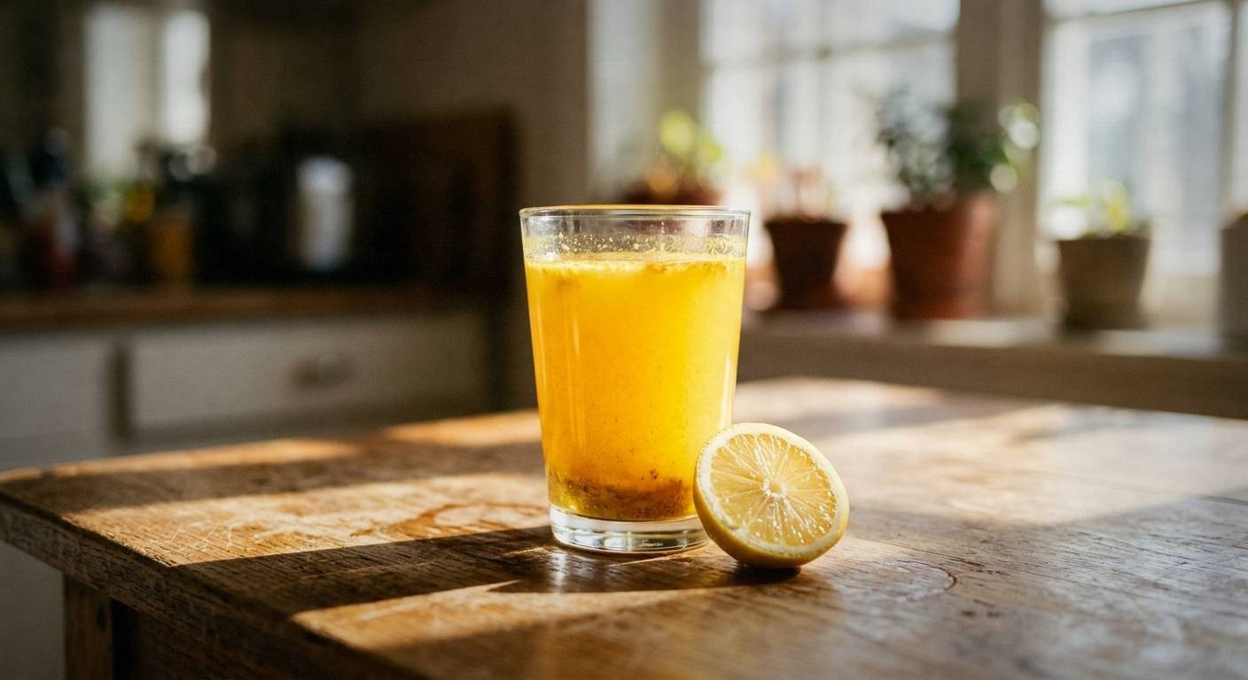 Two tall glasses filled with strained spring immunity booster drink over ice with fresh strawberry and thyme garnish on wooden board showing clear citrus herbal tonic