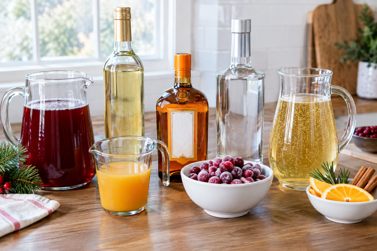 unmixed ingredients for jingle juice punch including cranberry juice, moscato, vodka, and frozen cranberries