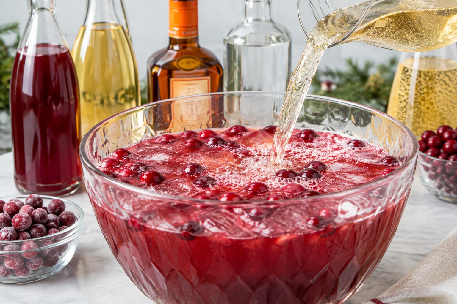 pouring sparkling cider into jingle juice punch with cranberries floating in the bowl