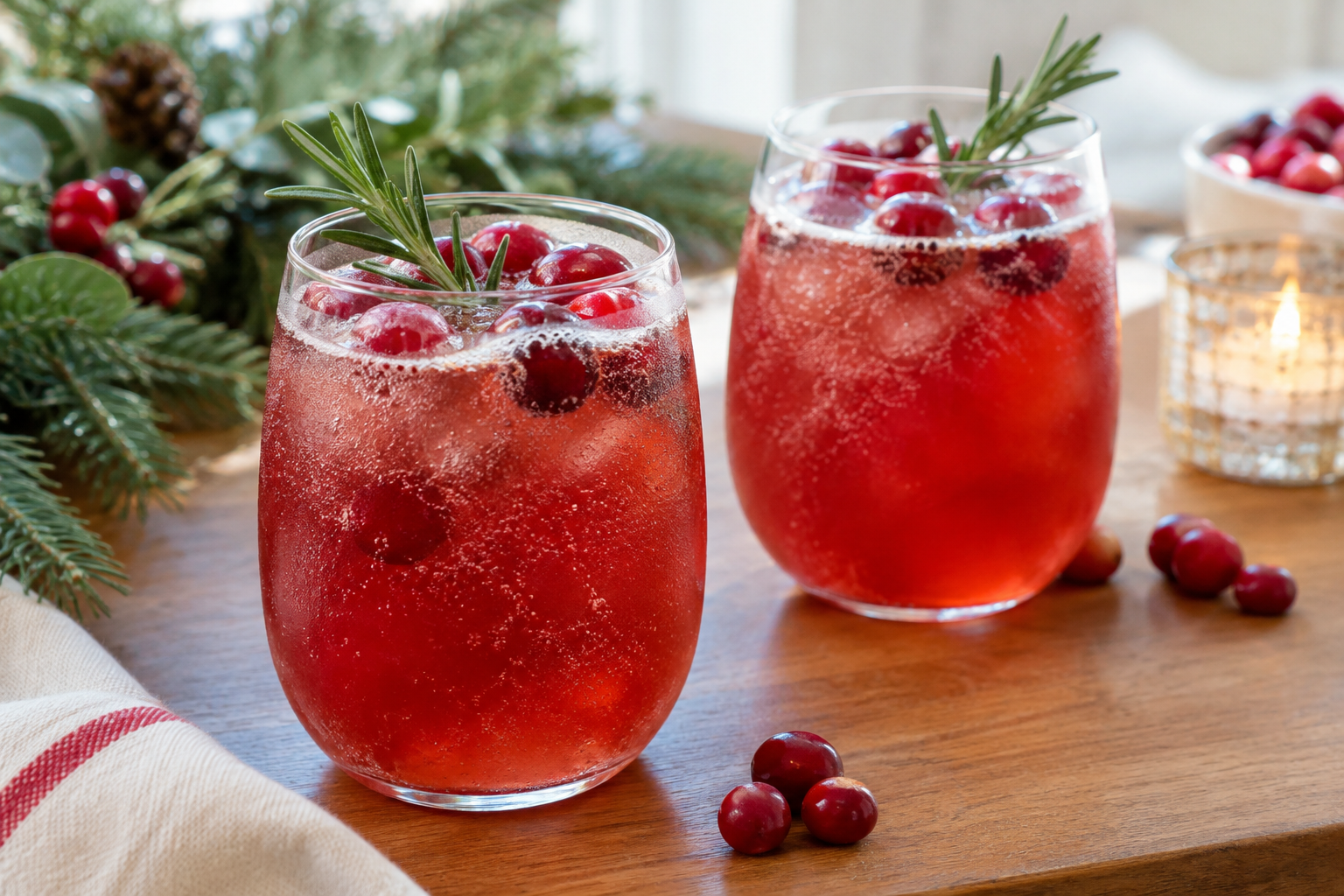 two glasses of finished jingle juice christmas punch garnished with mint and lime