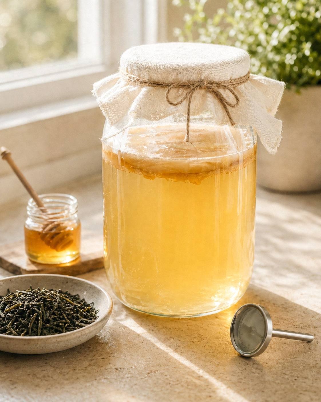 A jar of jun tea fermenting on a kitchen counter with a cloth cover