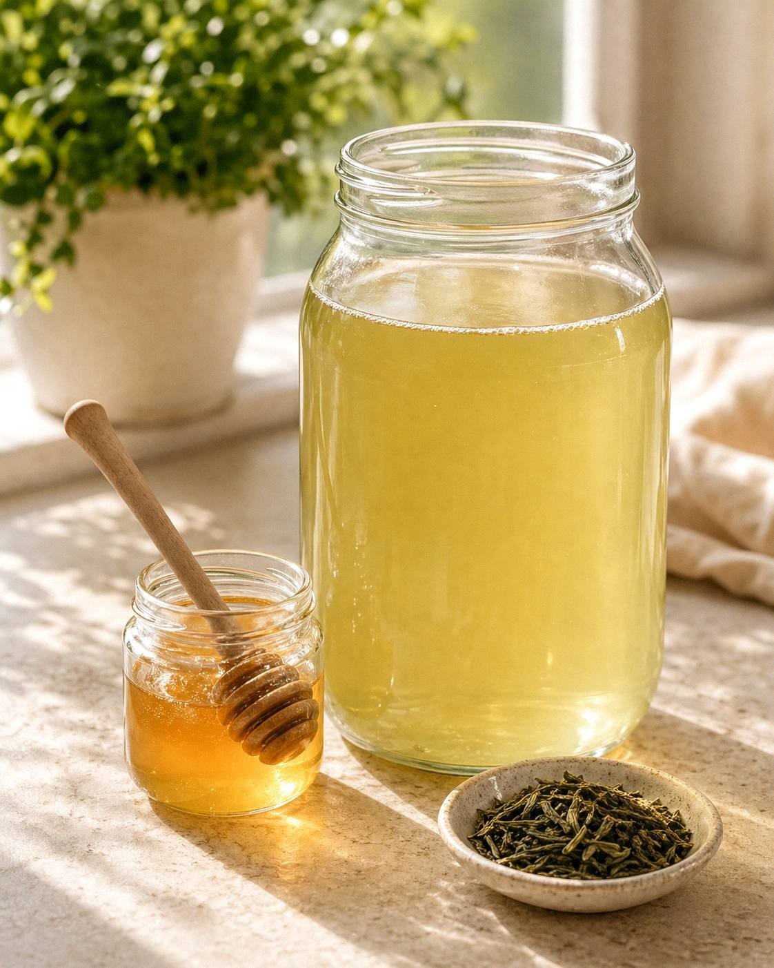 Raw honey being stirred into cooled green tea in a glass jar